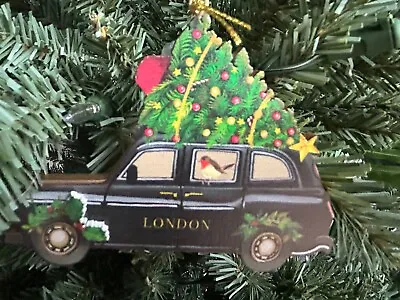 Gisela Graham Black London Taxi Cab Wooden Christmas Tree Bauble Decoration • £5.99