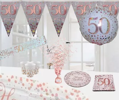 Age 50 & Happy Birthday White Rose Gold Party Decorations Balloon Bunting Banner • £2.75