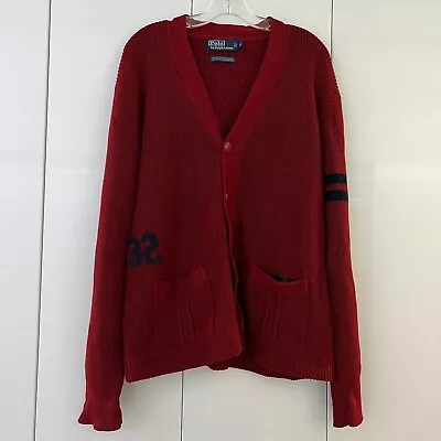 Vintage Polo Ralph Lauren Mens Varsity Linen Cotton Cardigan Red Sweater XL • $67.50