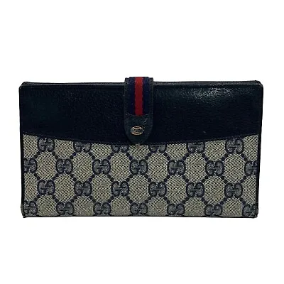 Gucci Vintage Navy Leather And Coated Canvas Sherry Line Long Wallet • $200