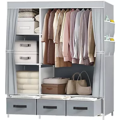 Large Fabric Canvas Wardrobe With Hanging Shelving Clothes Storage Closet Uk • £20.99