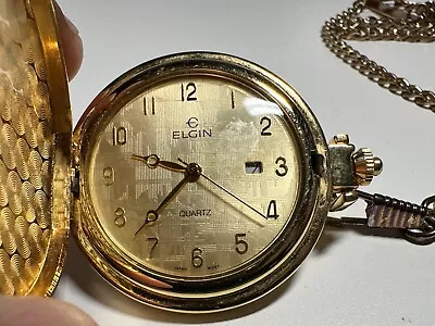 Elgin Quartz Date Pocket Watch With Chain See Video • $2.99