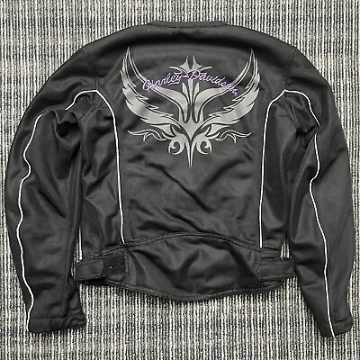 Womens Small Y2K Harley Davidson Black Mesh Purple Reflective Motorcycle Jacket • $29.99