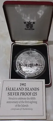 1992 FALKLAND ISLANDS £25 COIN + BOX & CERTIFICATE. 5 Oz FINE SILVER. 155.6 G. • £292