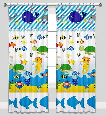 Sea Animals Lined Curtains Pencil Pleat For Nursery Kids Room 100% Cotton • £21.99