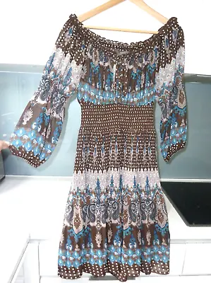 ZARA Brown Teal Blue FLORAL BOHEMIAN Mesh Pleated Dress Size M Size 10 12 Approx • £14.99