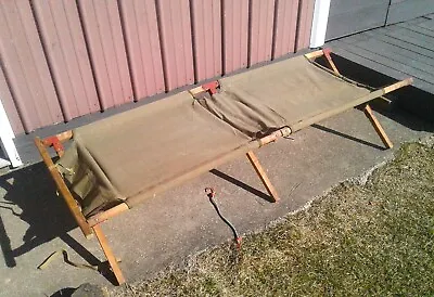 Vintage Folding Military Style Cot W Green Canvas And Wood Frame • $95
