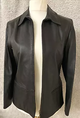 Marks & Spencer Leather Jacket Black Full Zip Up Lined Front Pockets Size 12 VGC • £49.95