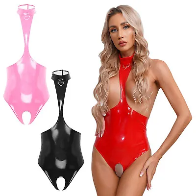 UK Womens Bodysuit Wet Look Leotard Crotchless Catsuit Sleeveless Clubwear Shiny • £5.99