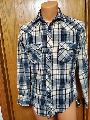 M Vtg JC Penney The Men's Shop M Flannel Shirt Blue Tan Acrylic Plaid Grunge • $12.99