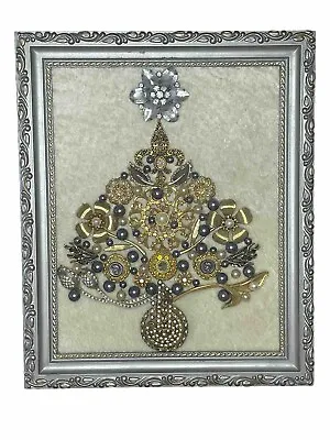 Stunning Vintage Jewelry Art Framed Christmas Tree  Silver Gold Felt  11.5”x9.5” • $59.95