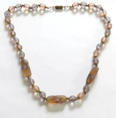 Antique Venetian Murano Pink&Lavender Millefiori Frosted Glass Bead Necklace-18  • $35