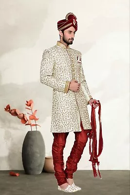 Sherwani Wedding Indian Kurta White Shirt Embroidered Men's Traditional Pajama • $274.39