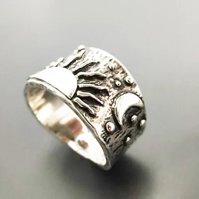 Vintage Punk Ring Men's Sun And Moon Ring Silver Wide Band Party Jewelry Sz 5-11 • $1.48