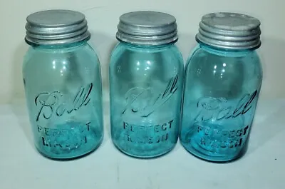 Vintage Aqua Blue Ball Perfect Mason #8 9 12 Quart Jars W/  Zinc Lids Lot • $30
