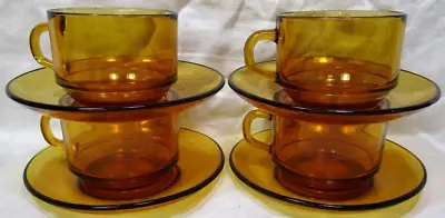 DURALEX Vereco Amber Glass (France) 4 Flat Stackable Cups & 4 Saucers • $20