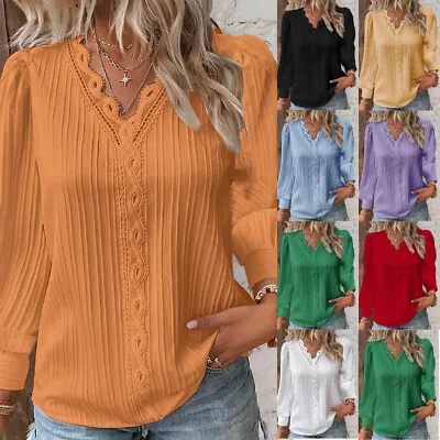 Womens V Neck T-Shirt Blouse Summer Ladies Long Sleeve Tops Pullover Plus Size • £9.55