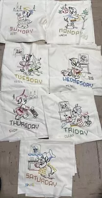 Vintage 7 Embroidered Puppy Activities Days Of The Week Tea Towels From 1954 • $30