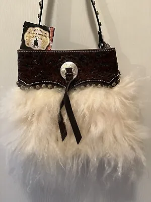 Montana Silversmiths Hand Tooled Leather And Wooly Fur Handbag. • $225