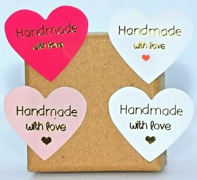 Heart Stickers Gold Foil Hand Made With Love Labels Gift Food Craft Box Handmade • £7.99