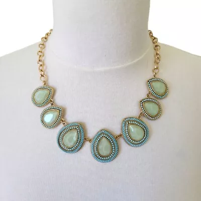 Faux Cabachon Statement Necklace Mint Blue & Gold Tone 20.5  Lucky 7 Medallion • $13