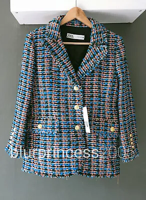 ZARA Tweed Blazer Jacket Textured Fitted Gold Buttons XS S M L Blue Pink Boucle • $74.53