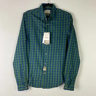 ZARA Man Button Up Shirt Mens Small Slim Fit Green Blue Plaid Cotton • $15.95