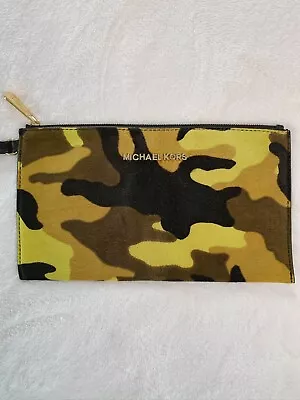 Michael Kors Womens Clutch Wristlet Calf Hair Neon Yellow Camo Wallet Pouch • $69