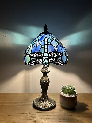 Tiffany Style Mini Table Lamp Dragonfly Blue Stained Glass Vintage H14 W8  • $86.99