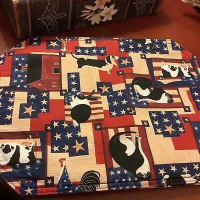 (4) Placemats~WARREN KIMBLE~Cranston Primitive Americana~Animals/Flags~Fabric~ • $24.99