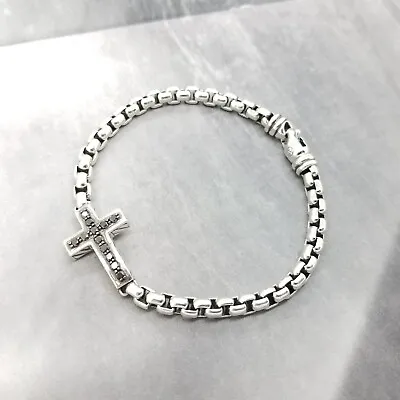 David Yurman 925 Sterling Silver Black Diamond Cross 5'mm Box Chain 8  Bracelet • $397