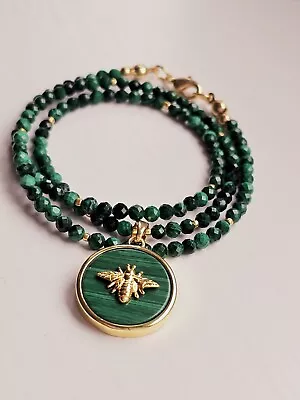 Handmade Natural MALACHITE Beaded Necklace Gold Bee Malachite Pendant • $54.26