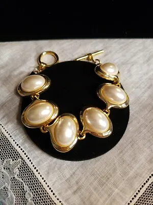 Gold SIMULATED OVAL MABE PEARL Bracelet 7  Long 1  Wide Toggle Clasp • $15.16