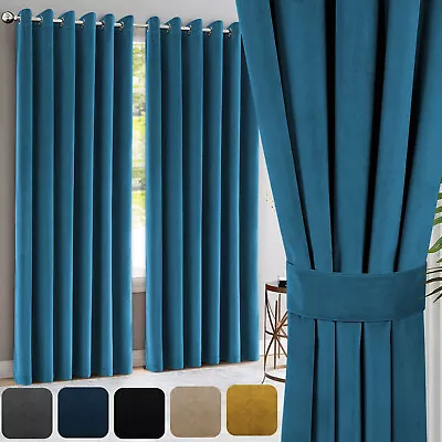 Heavy Velvet Curtains Eyelet Ring Top Ready Made Fully Lined Pair Blackout Panel • £27.19