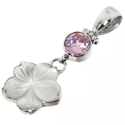 925 Silver Mother Of Pearl Shell Flower Pink Quartz Sterling Pendant 1 5/8  • $22.95