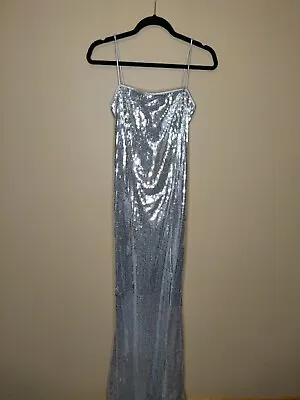 Masquerade Women's 13/14 Formal Maxi Lined Dress Silver Sequins Spaghetti Strap • $18.85