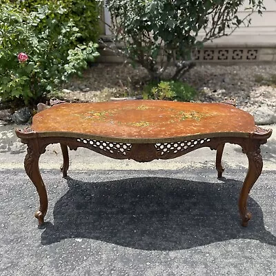 Vtg Solid Wood Hand Carved Intricate Center Coffee Table Painted Flower C1930 • $120