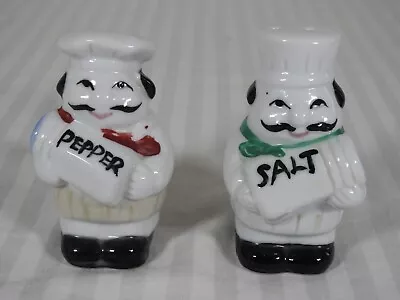 Ceramic Chef Salt & Pepper Shakers. White Red & Green Scarves. Mustaches. • $8