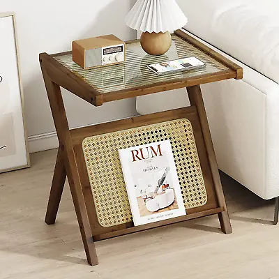 Rattan Side Table Boho Nightstand Mid Century Modern End Table Glass Bedside Tab • $92.99