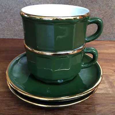 £8 • Buy Vintage Pair French Bistro Ware APILCO Green & Gold Coffee Espresso Cup Saucer