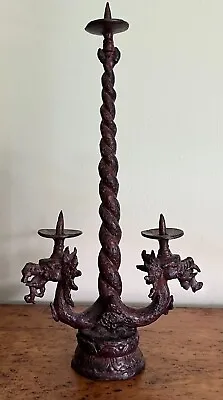$125 • Buy Antique Dragon Candelabra Cast Iron From India Holds Three Candles Candleholder