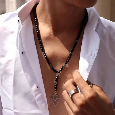 Men's Fashion Jewelry Lava Stone Beaded Triangle Pendant Minimalist Necklace 343 • $13.91