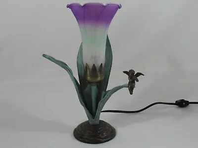 VTG Figural Angel Cherub Night Light Table Lamp Green / Purple Tip Glass Shade • $29.99