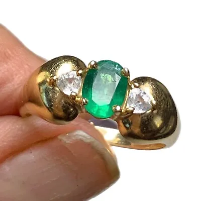 Vintage 14k Gold Emerald Ring With White Sapphires Sz 7 1/2 Fine Jewelry • $485