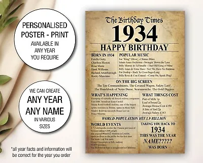 1934 90th Birthday Present Gift Idea Poster Print Back In Edition Milestone  36 • £5.95