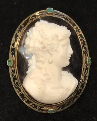 14k Gold & Emerald Onyx Cameo Woman Pendant Pin Brooch Victorian Mourning 27.7g • $599.99