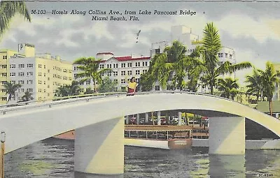 Vintage Florida Linen Postcard Miami Beach Hotels Collins Avenue Lake Pancoast • $0.99