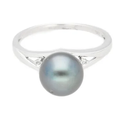 Sterling Silver 8mm Black Pearl Solitaire & White Topaz Accents Ring (Size N) • $73.36