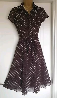 Vintage 40s 50s Style Brown White Polka Dot Chiffon Party Tea Dress Size UK 12 • £25