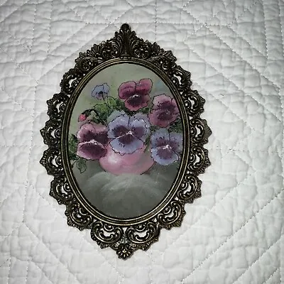 VINTAGE Pansy Floral Flower Original Hand Painted Acrylic PAINTING Oval Frame • $44